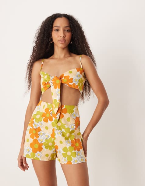 Collective The Label Tie front strappy crop top in retro daisy floral