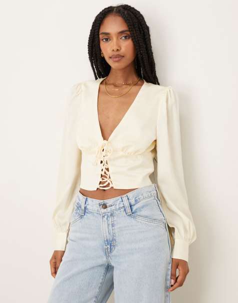 Collective The Label Tie front top in cream sateen - view 1