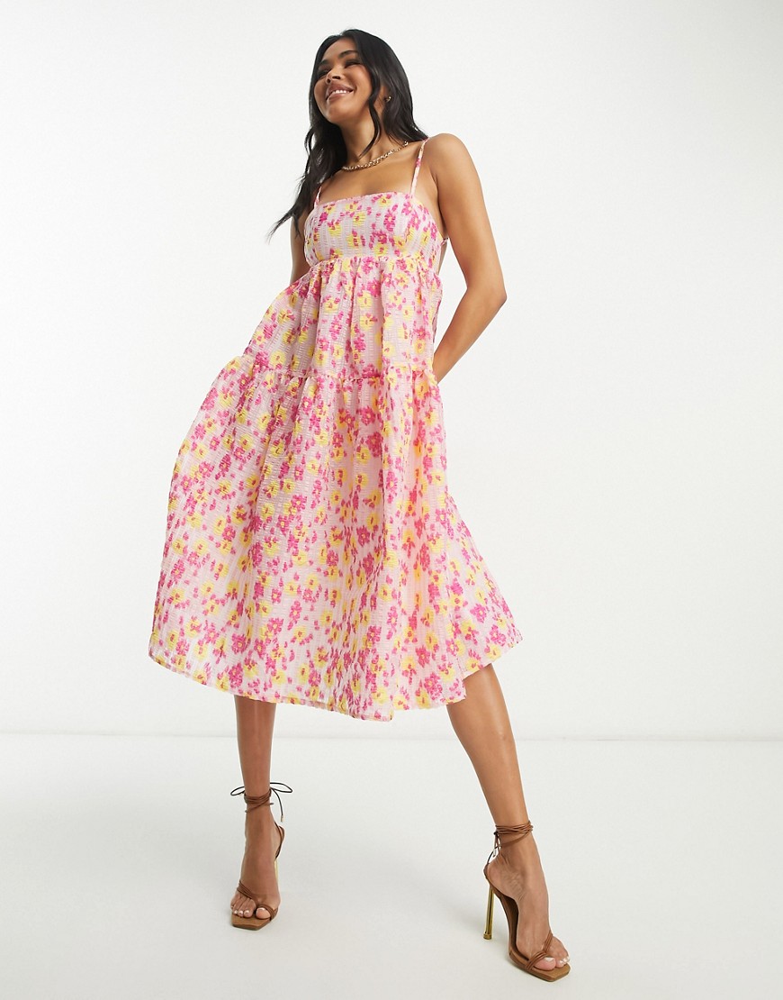 tiered smock dress in textured bright floral-Pink