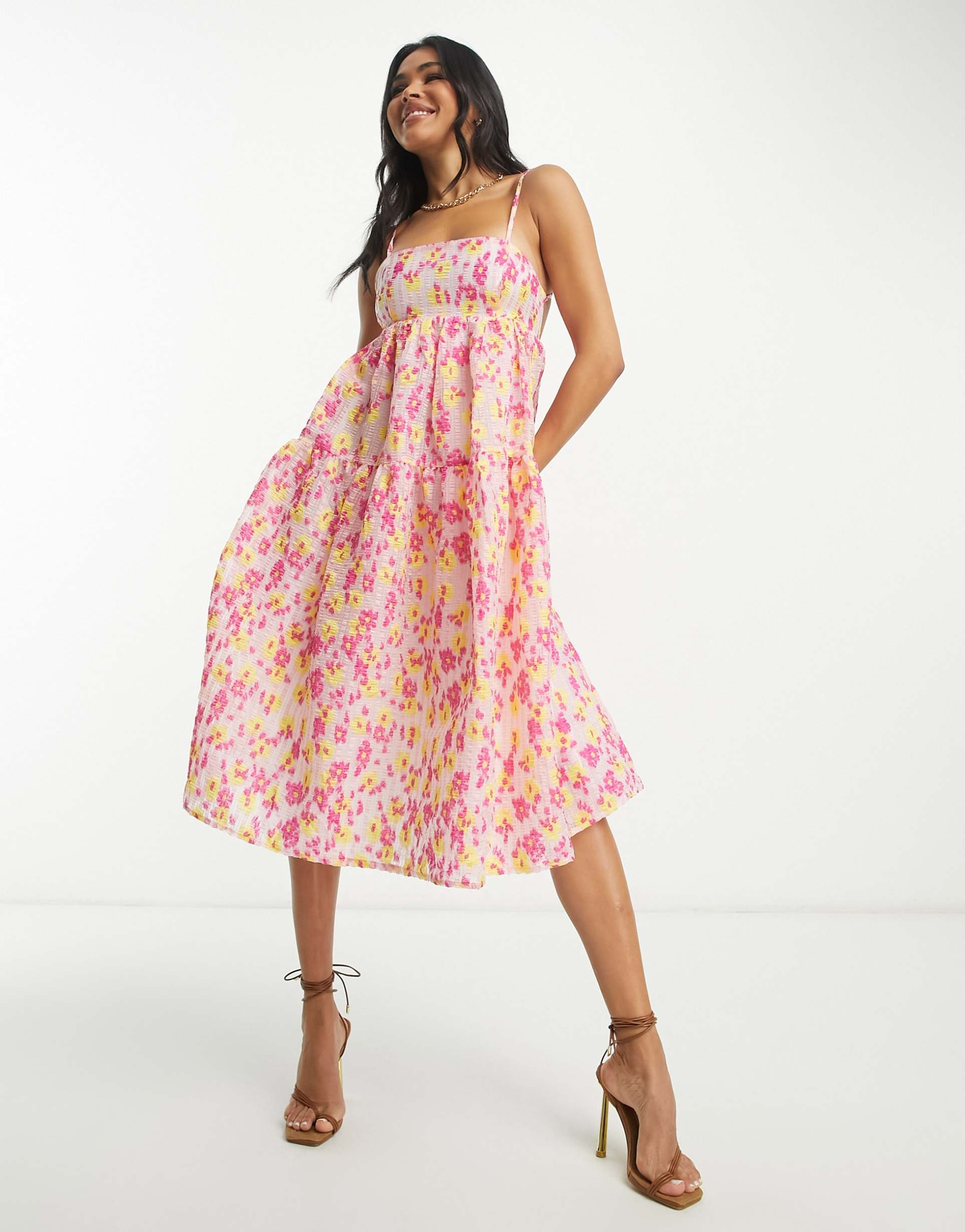 collective the label tiered smock dress in textured bright floral