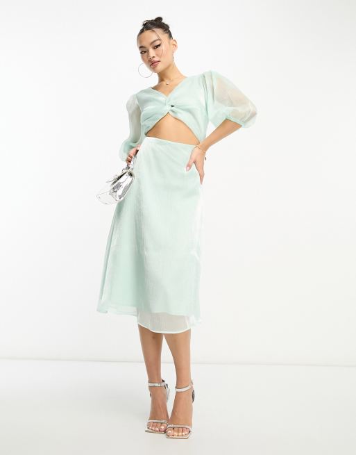 White satin twist front midi cheap skirt