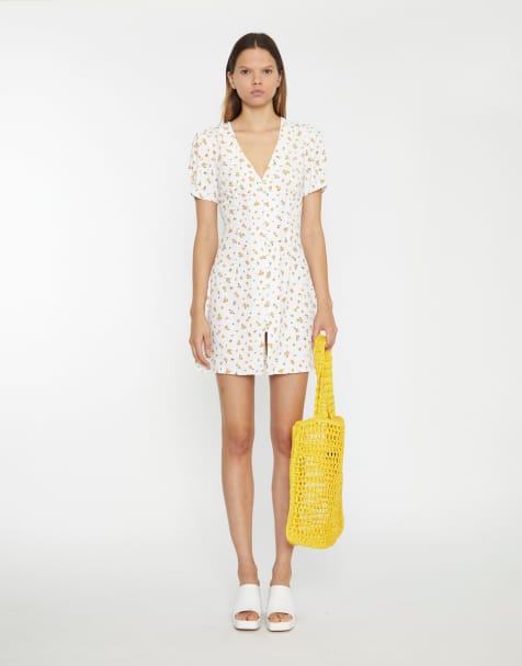 Collective The Label V-neck button down mini-dress in white orange ditsy - view 1
