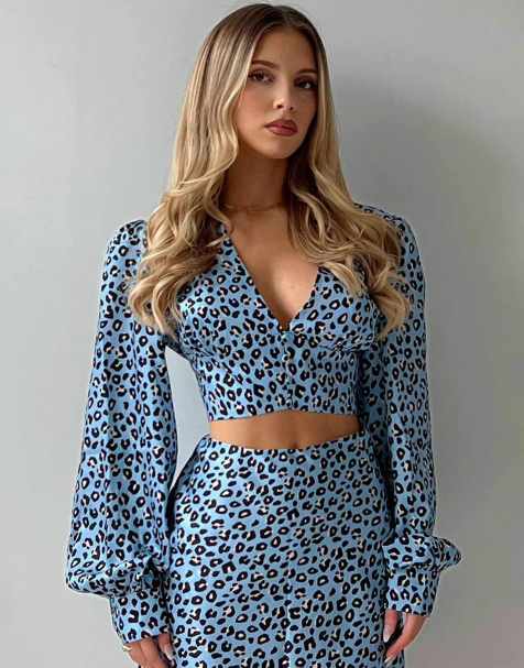 Collective The Label V-neck button front blouse in light blue leopard - view 1