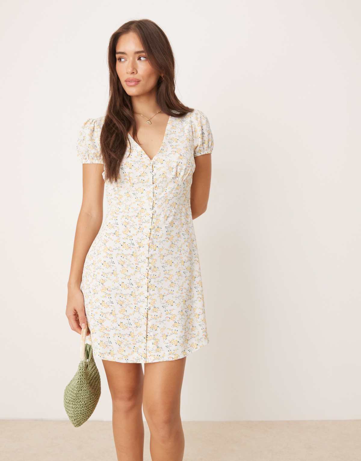 Collective The Label V neck mini dress in yellow peach ditsy