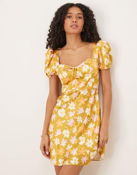 Collective The Label V neck short sleeve mini dress in olive multi flower - view 1