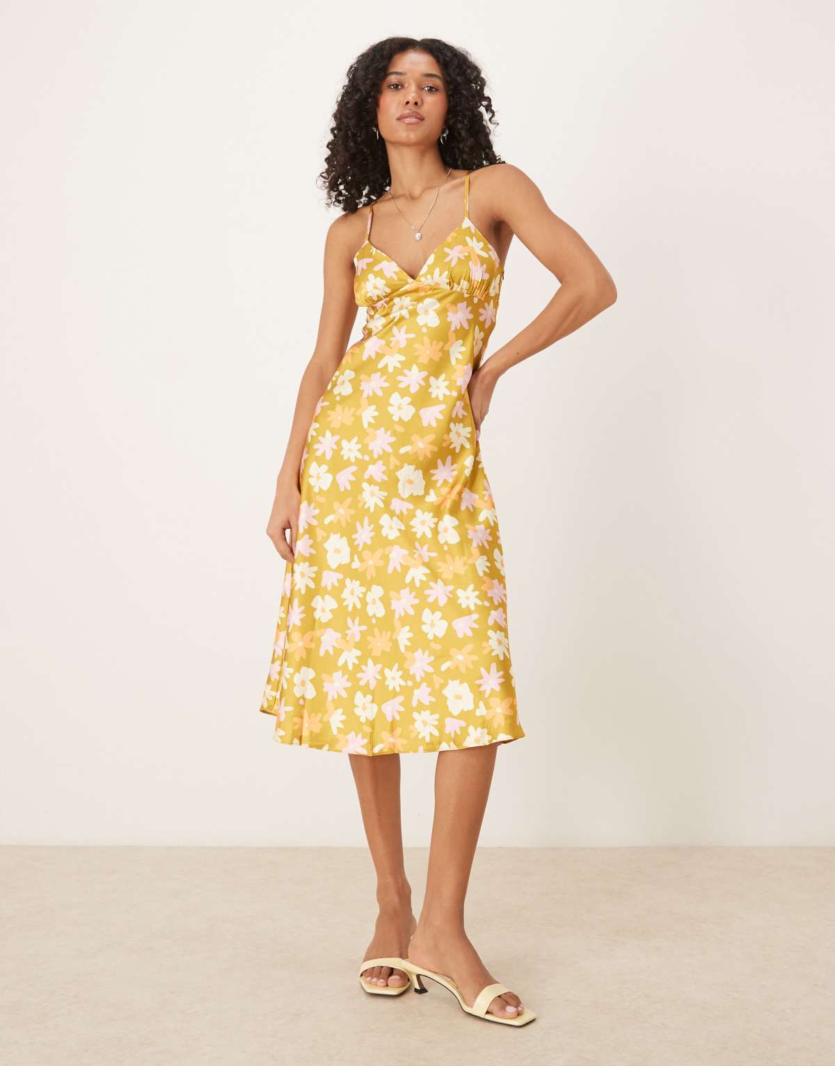 Collective The Label V neck sleeveless midi dress in olive multi flower