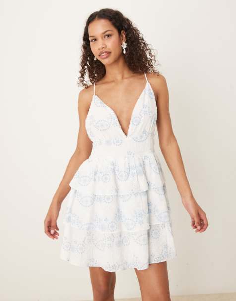 Collective The Label V-neck tiered mini dress in white blue broderie - view 1