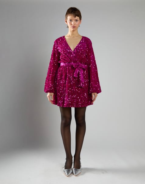 Collective The Label V neck wrap mini dress in cerise velvet sequin - view 1