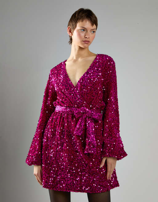 collective the label sequin dress Collective The Label V neck wrap mini dress in cerise velvet sequin