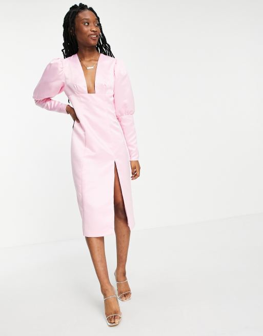 Collective The Label - Vestito midi rosa con scollo profondo e maniche oversize