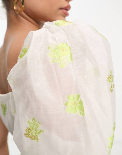 Collective the Label – Vit blommig teaklänning i organza med puffärmar, 3 av 4