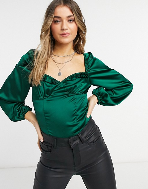 Collective the Label volume sleeve satin bodysuit in emerald green
