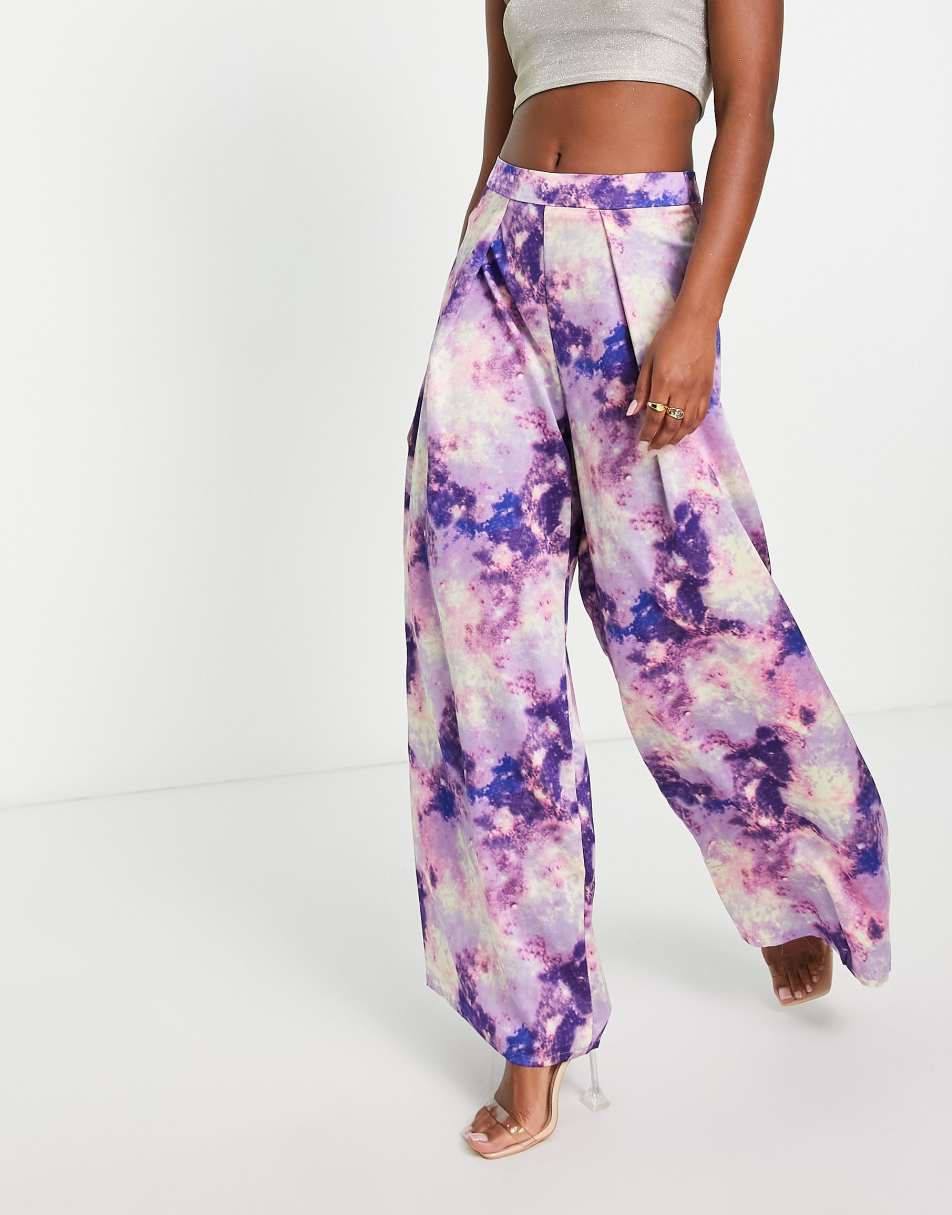 Collective the Label wide leg trouser co-ord in purple abstract print