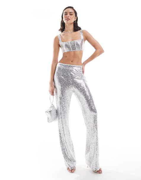 Collective The Label Wide leg trousers in micro silver sequin