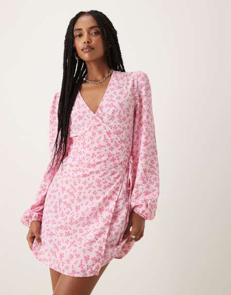 Collective The Label Wrap mini dress in pink fuschia ditsy - view 1