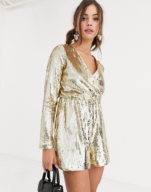 Collective The Label wrap sequin playsuit in gold