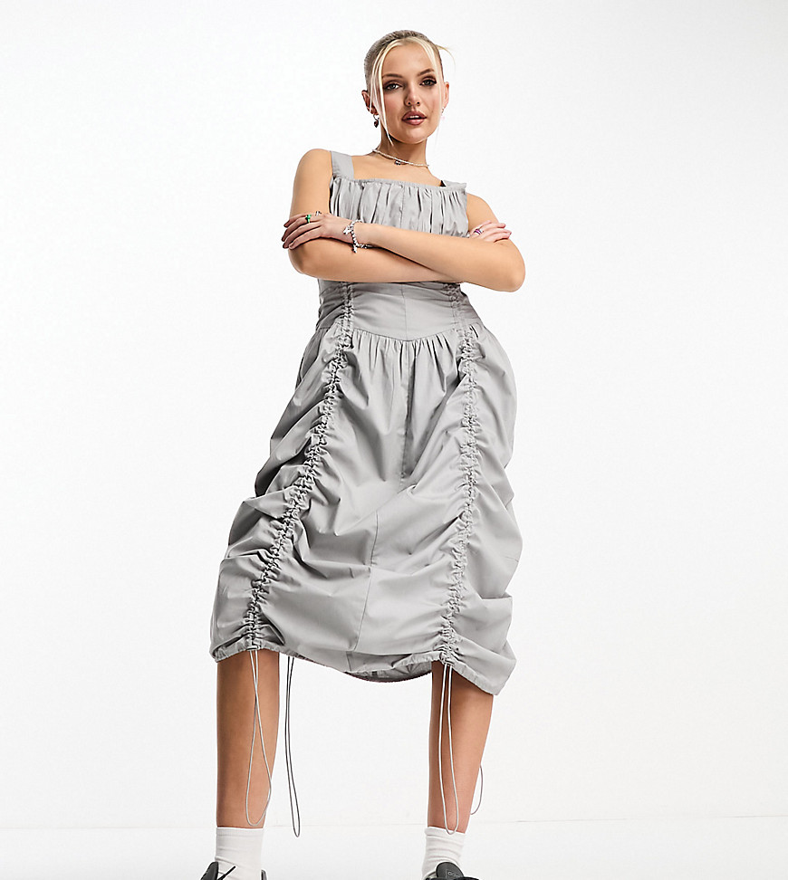 COLLISION festival utility maxi dress with ruching in light grey
