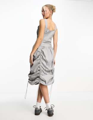 COLLISION festival utility maxi dress with ruching in light grey