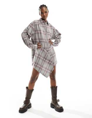 COLLLUSION asymmetric mini shirt dress in gray plaid