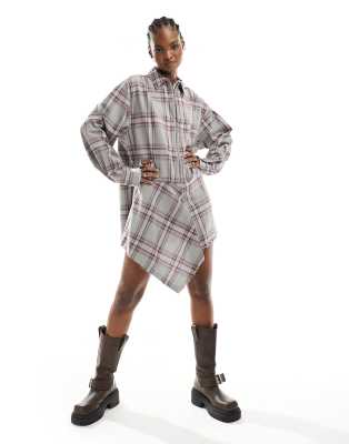 Collusion Colllusion Asymmetric Mini Shirt Dress In Gray Plaid