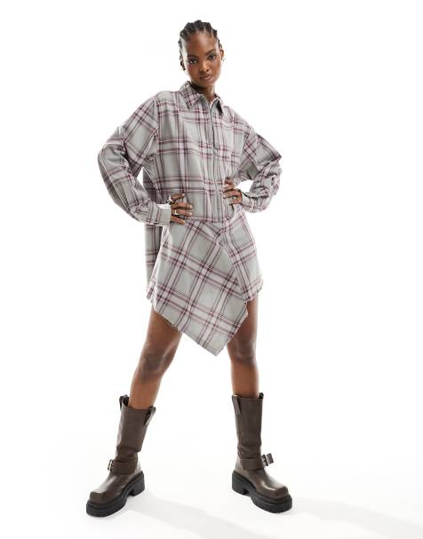 COLLLUSION asymmetric mini shirt dress in grey check - view 1