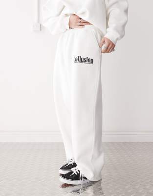 COLLLUSION Wide leg sweatpants in ecru with print - part of a set-White