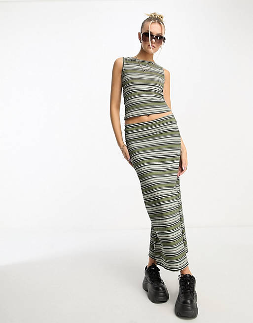 COLLSUON striped low rise maxi skirt co-ord in green 