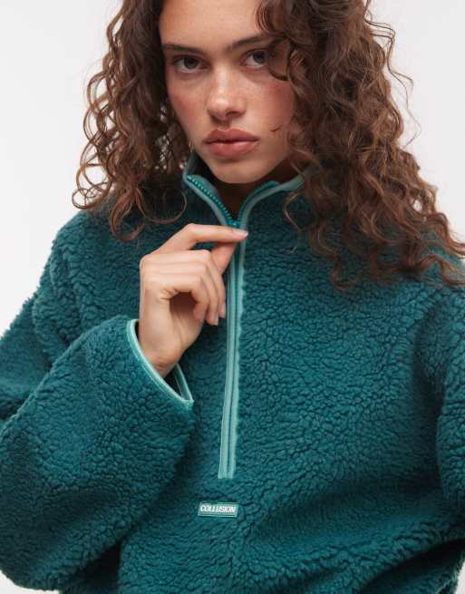COLLUSION 1/4 zip fleece borg jacket in green, 2 of 4