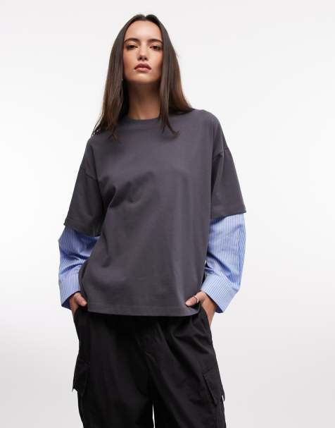 COLLUSION – 2-in-1 Oversize-T-Shirt aus Jersey in Grau mit gestreiften Hemdärmeln - view 1