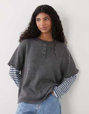 Collusion 2-in-1 Oversized Henley Knit Sweater With Stripe Sleeve In Gray