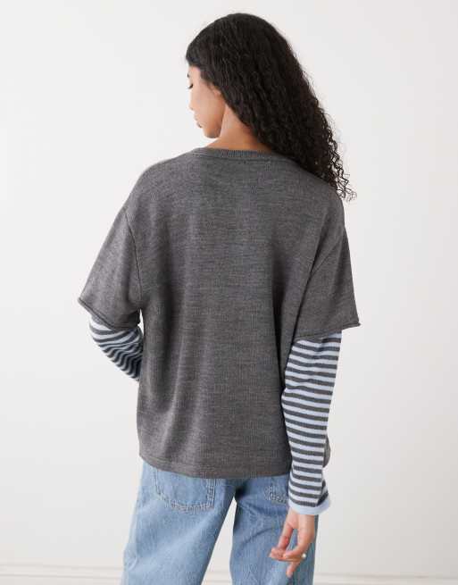 COLLUSION - 2- Maglione oversize 2 in 1 lavorato a maglia serafino grigio con maniche a righe, 2 di 4
