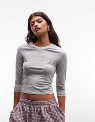 Collusion 3/4 Length Sleeve V-neck Fitted Top In Gray