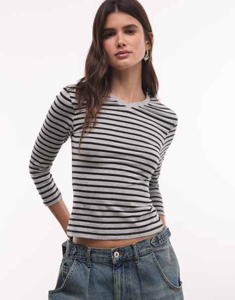 COLLUSION 3/4 length sleeve v-neck fitted top in stripes - view 1