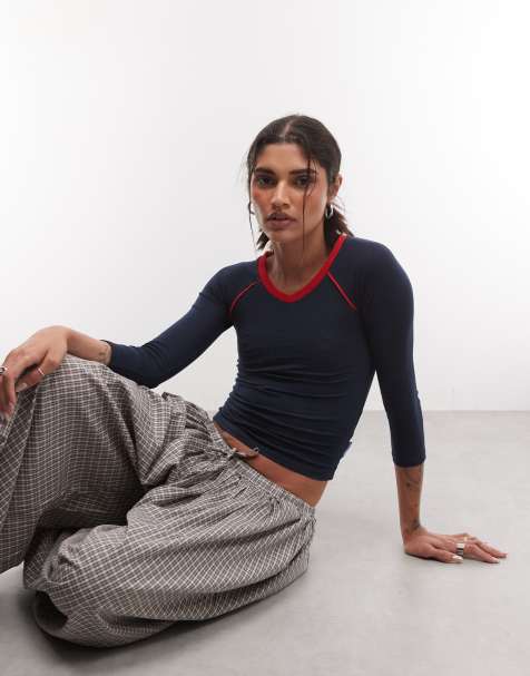 COLLUSION 3/4 length sleeve v neck sports fitted top in navy - view 1