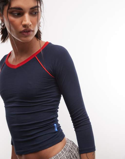 COLLUSION 3/4 length sleeve v neck sports fitted top in navy, 3 of 4