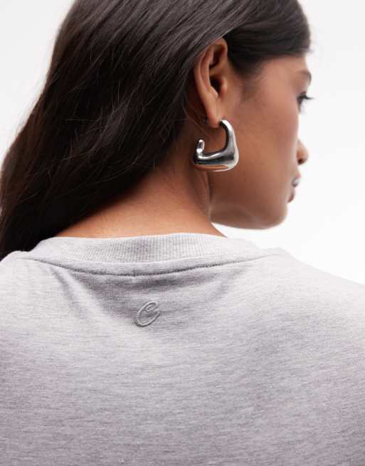 COLLUSION 3/4 length sleeve vneck fitted top in grey marl, 3 of 4