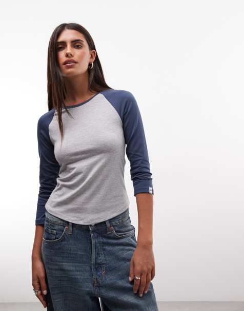 COLLUSION 3/4 sleeve fitted raglan in grey marl + navy - view 1