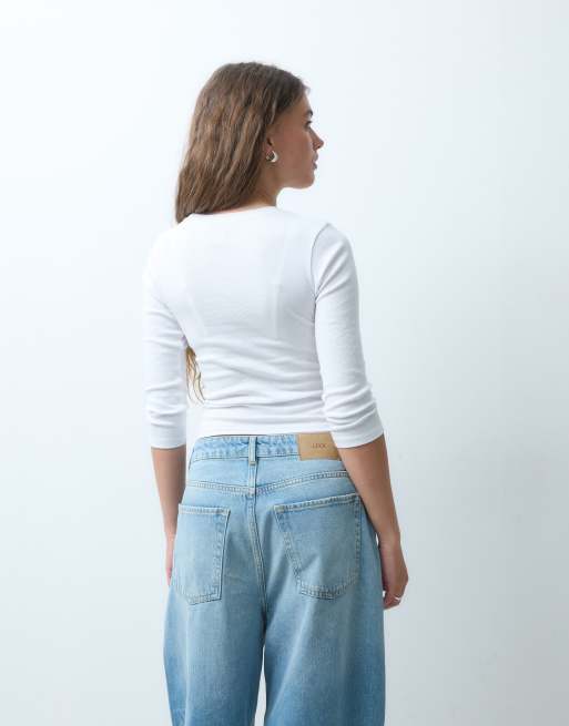 COLLUSION 3/4 sleeve rib knit top in white, 4 of 4
