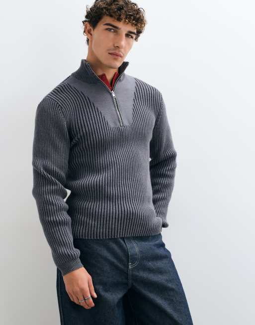 COLLUSION 3/4 zip funnel neck cardigan in plated grey, 4 of 5