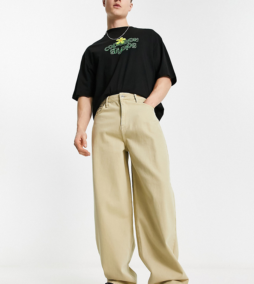 COLLUSION 90s baggy skater twill trouser in stone-Neutral