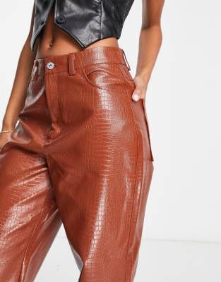 COLLUSION 90s Croc Effect Faux Leather Straight Leg Cargo Pants in rust-Red