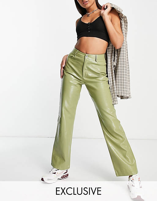 COLLUSION 90s croc effect faux leather straight leg cargo pants in sage green