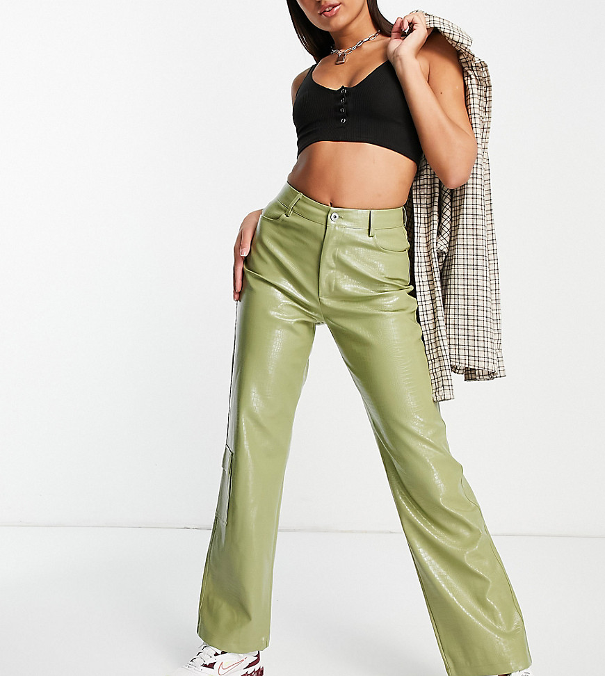 COLLUSION 90s croc effect faux leather straight leg cargo trousers in sage green