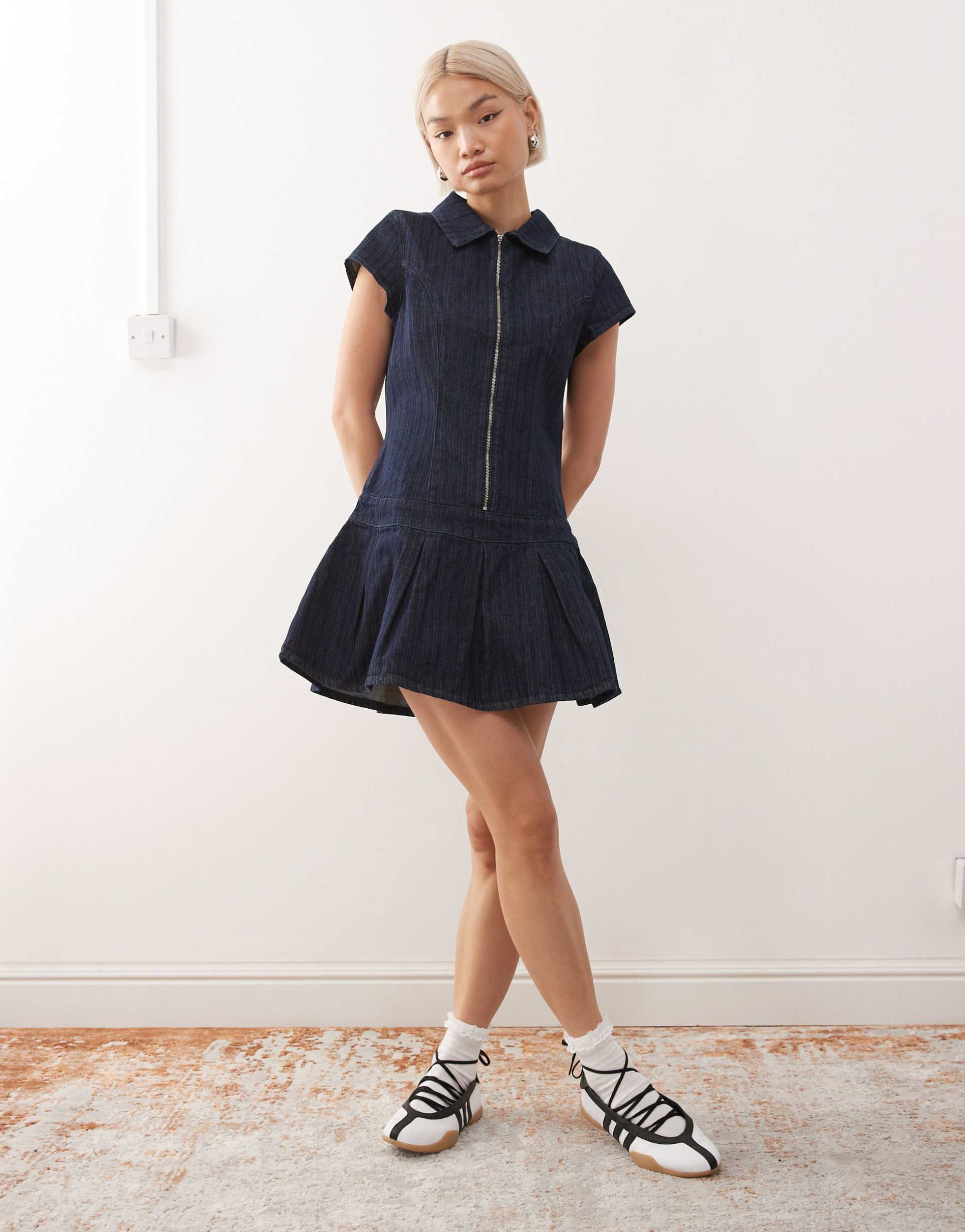 collusion 90s denim fitted dropped waist dress in blue stripe