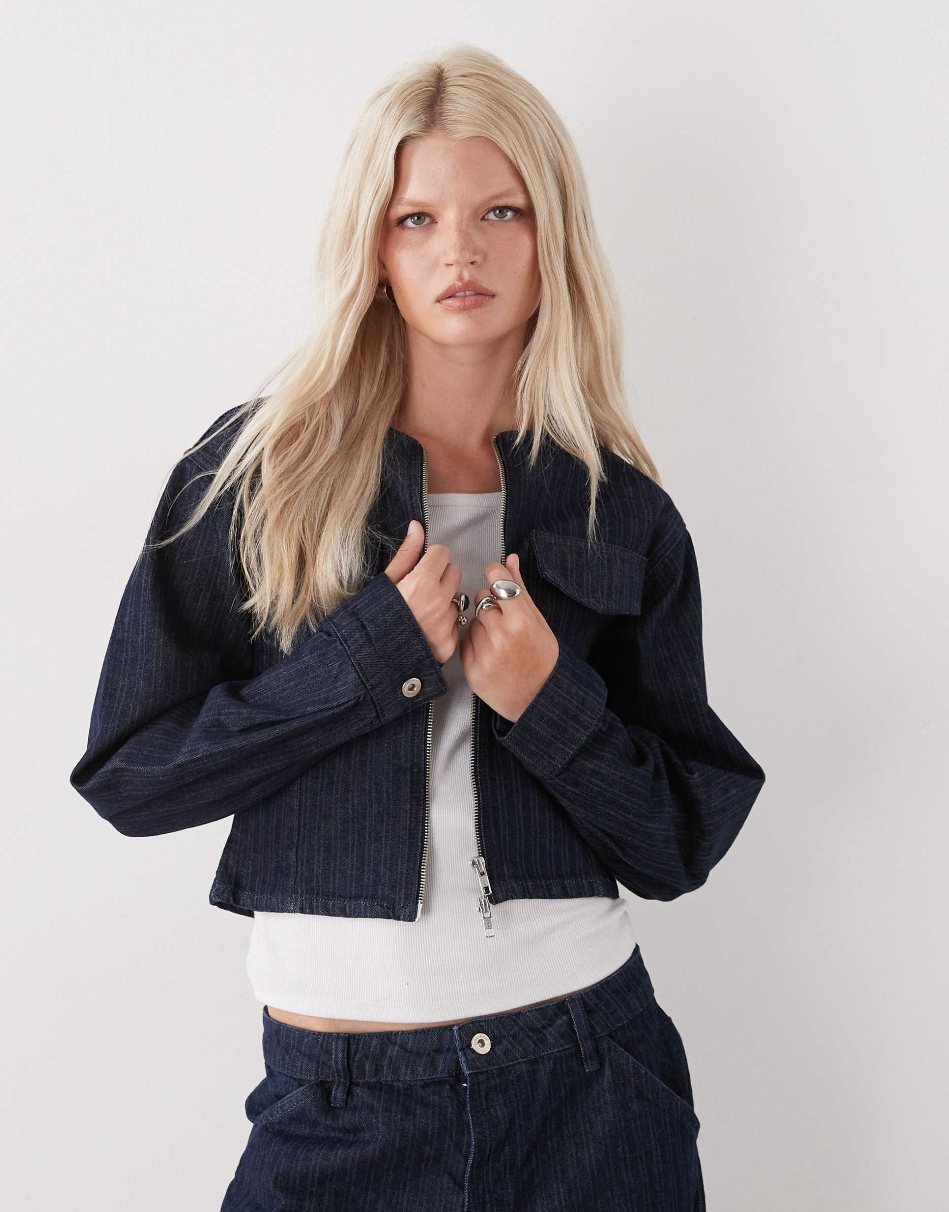 collusion 90s denim fitted jacket in blue stripes - part of a set