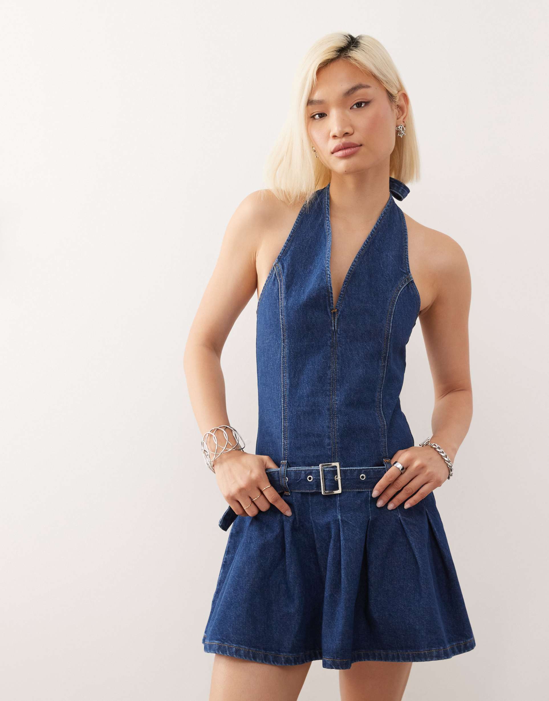 collusion 90s denim halter mini dress with belt in blue