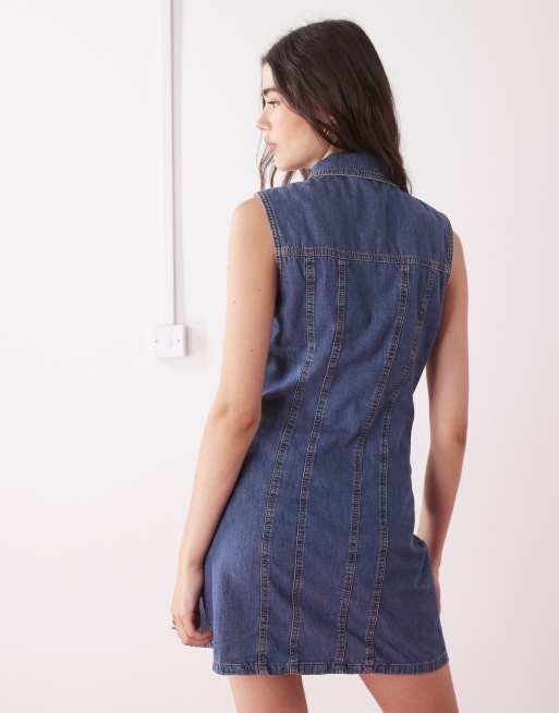 navy blue dress for baby girl COLLUSION 90s Denim Sleeveless Shirt Dress in Mid wash-Blue