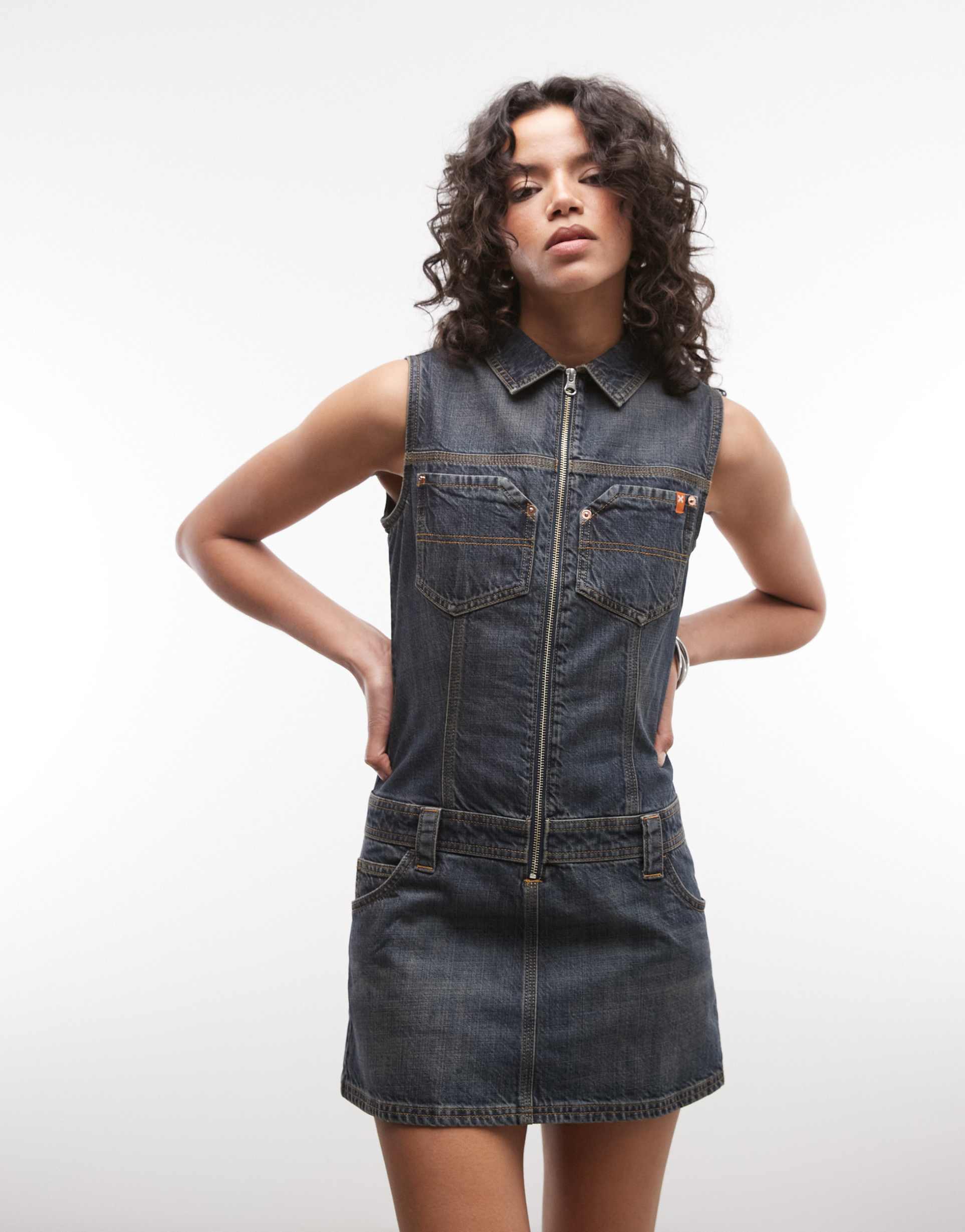 collusion 90s dropped waist denim utility dress in dark wash