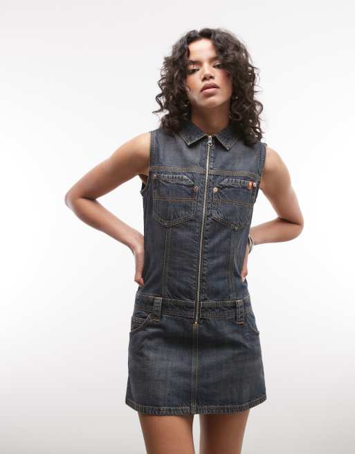 COLLUSION 90s dropped waist denim utility dress in dark wash-Navy