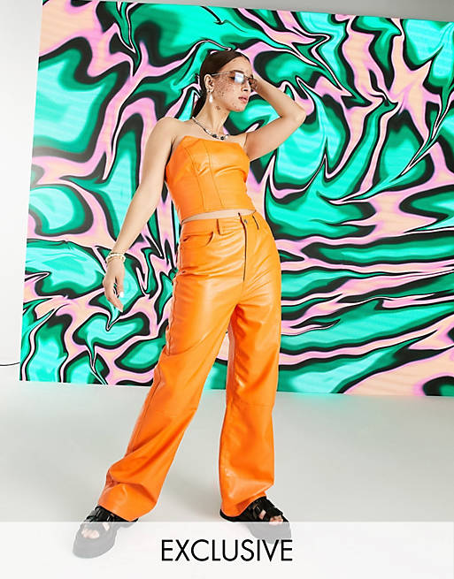COLLUSION 90s fit faux leather dad pants with carpenter detail and v shape waistband in orange (part of a set)
